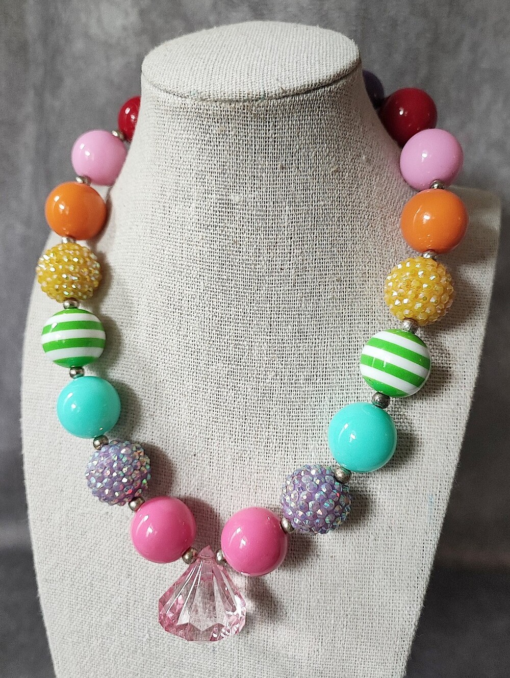 Pastel Acrylic Big Balls Striped & Rhinestone Beads Statement Gumball Necklace